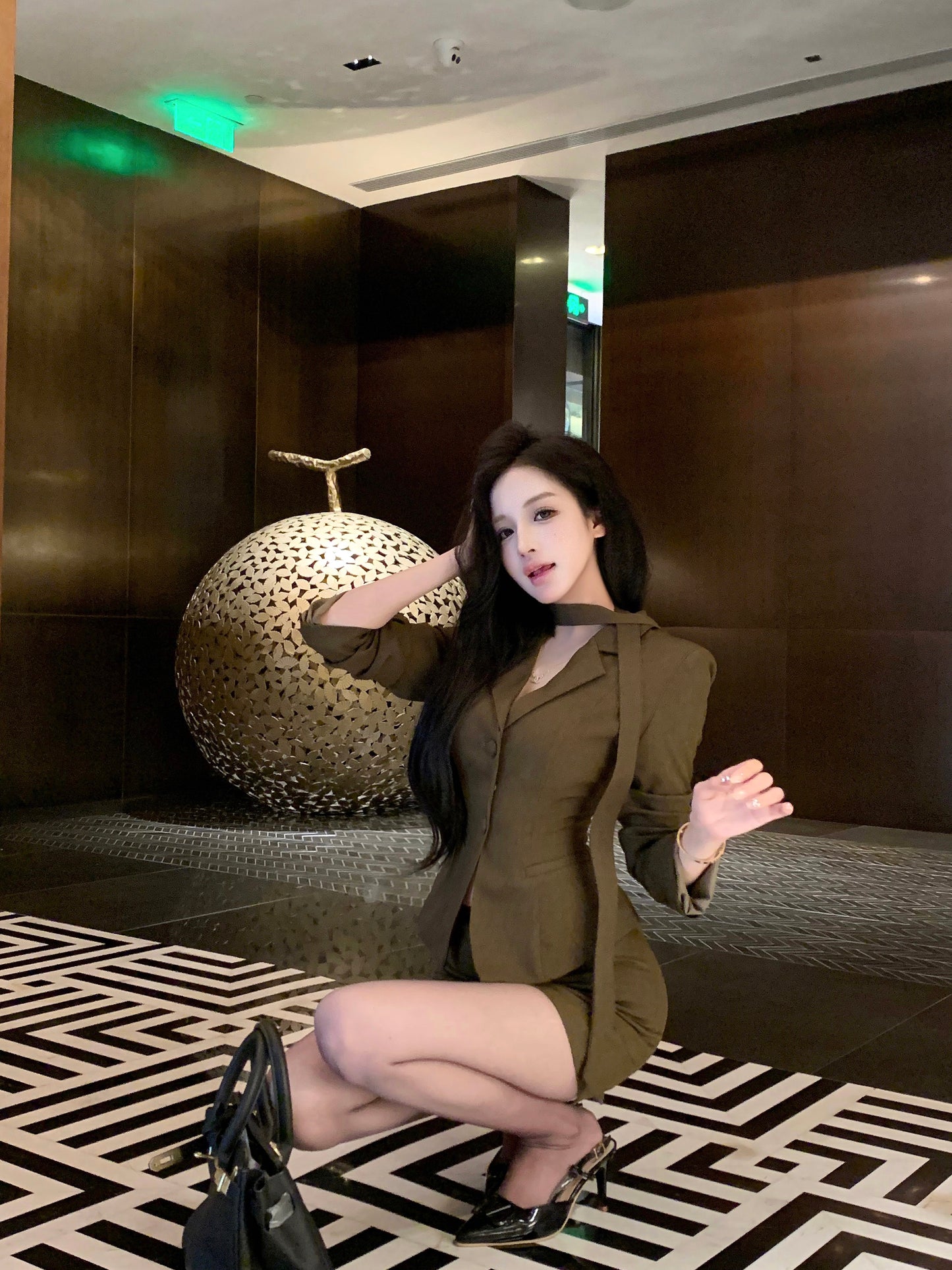 Dreamy Office Outfit Bodycon 2-Piece Set Mini Skirt With Sash Vintage V-Neck Long Sleeve Short Dress AP3763