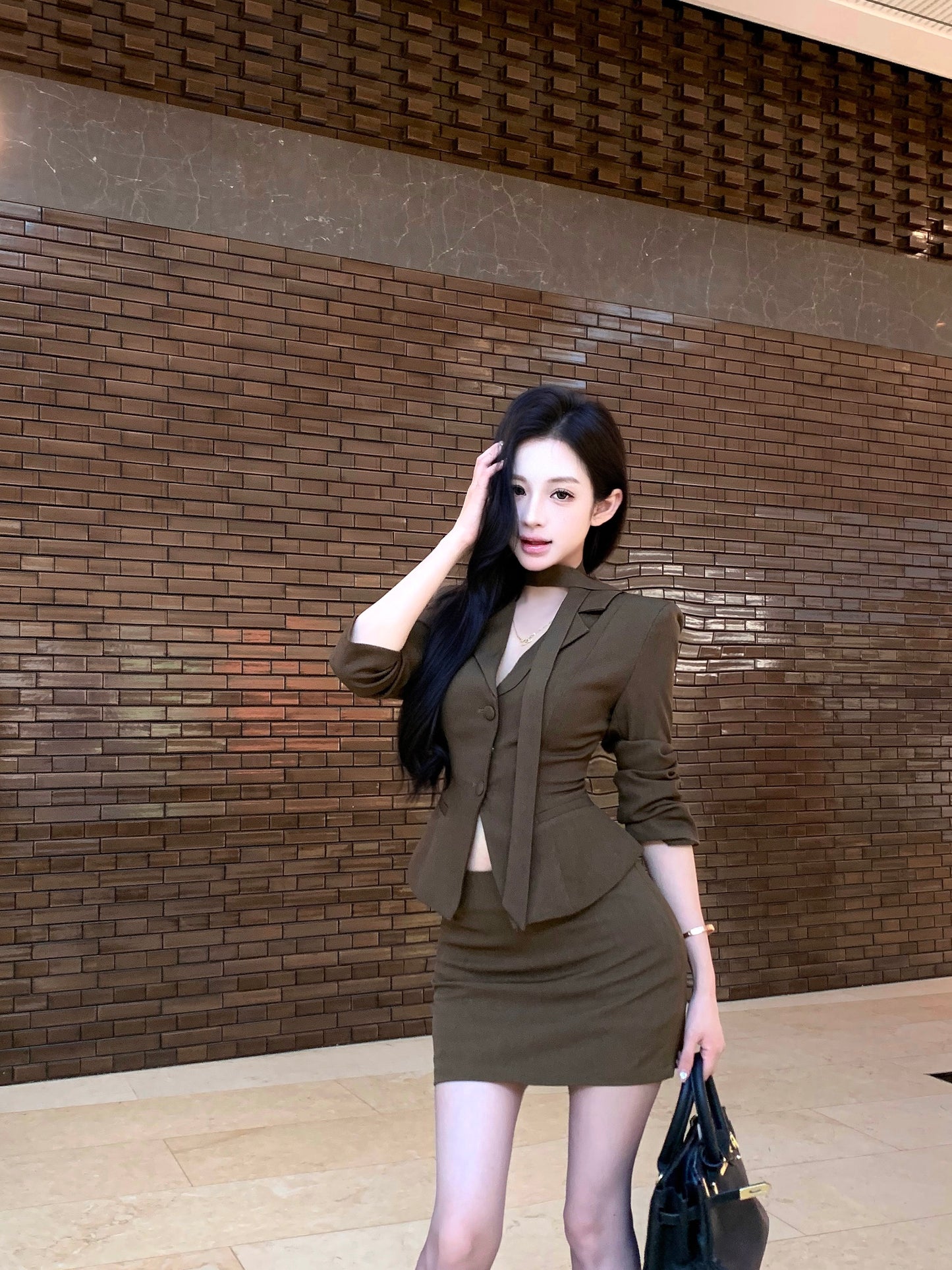 Dreamy Office Outfit Bodycon 2-Piece Set Mini Skirt With Sash Vintage V-Neck Long Sleeve Short Dress AP3763