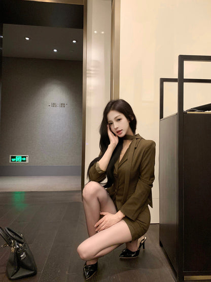 Dreamy Office Outfit Bodycon 2-Piece Set Mini Skirt With Sash Vintage V-Neck Long Sleeve Short Dress AP3763