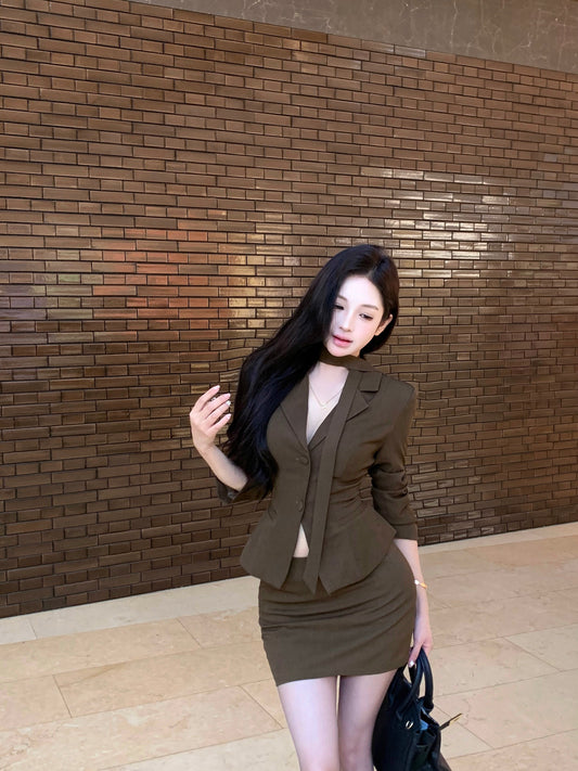 Dreamy Office Outfit Bodycon 2-Piece Set Mini Skirt With Sash Vintage V-Neck Long Sleeve Short Dress AP3763