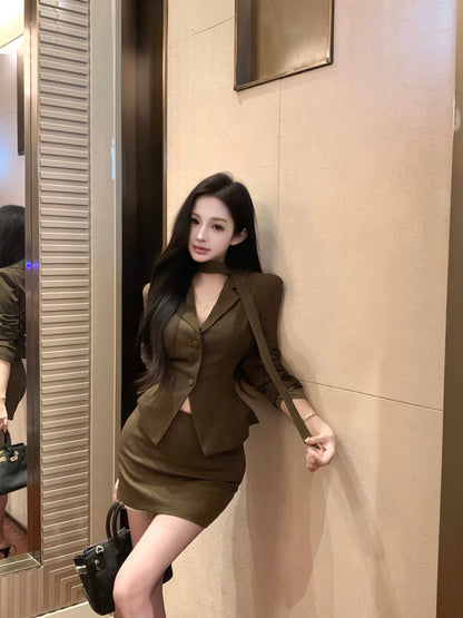 Dreamy Office Outfit Bodycon 2-Piece Set Mini Skirt With Sash Vintage V-Neck Long Sleeve Short Dress AP3763