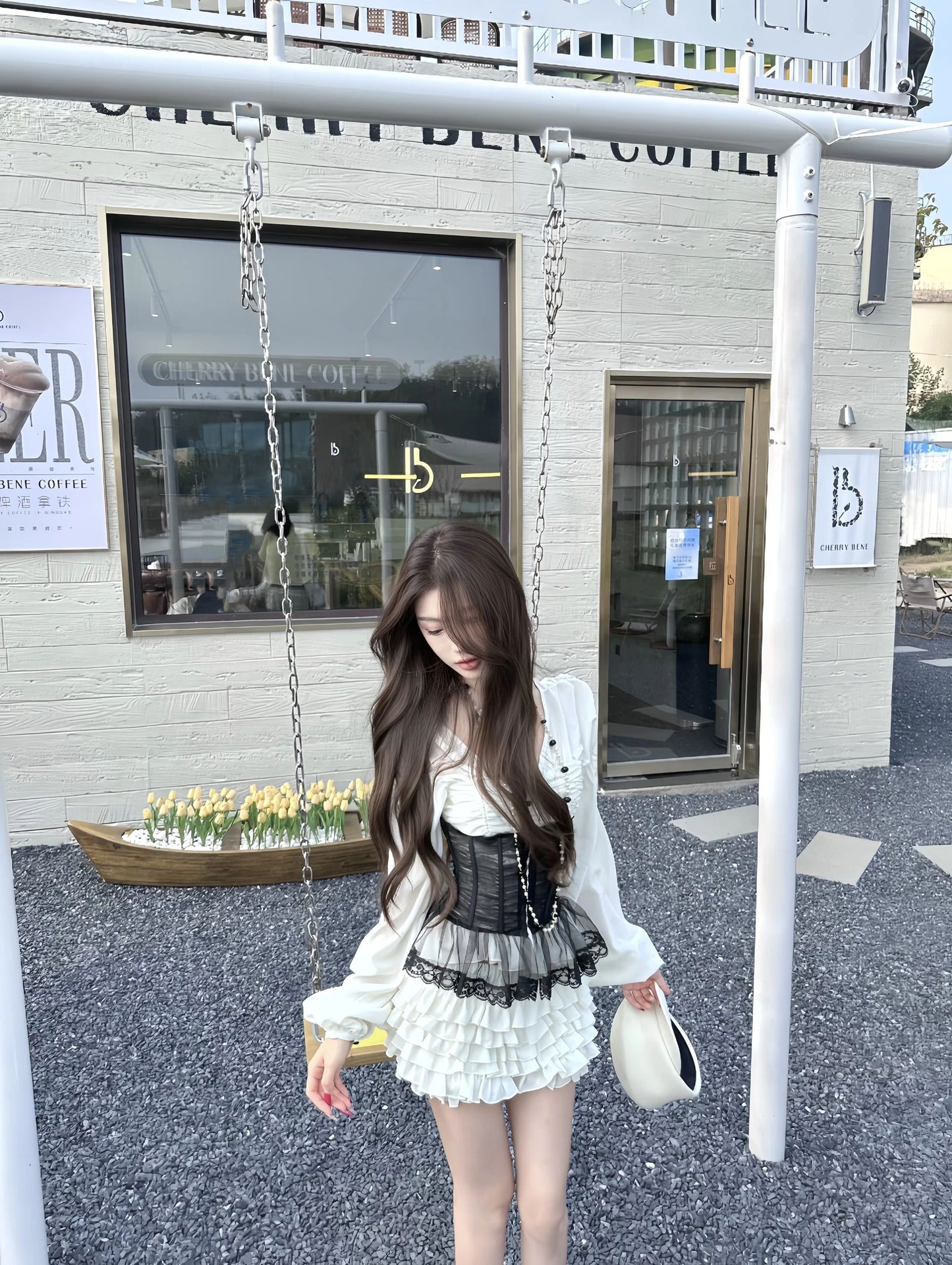 Ethereal A-Line Cinched-Waist Tiered Mini Skirt Cute V Neck  Long Sleeve Lace Tulle Splicing Short Dress AP3764