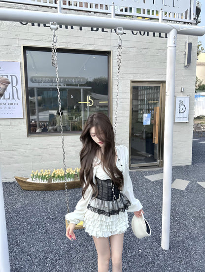 Ethereal A-Line Cinched-Waist Tiered Mini Skirt Cute V Neck  Long Sleeve Lace Tulle Splicing Short Dress AP3764