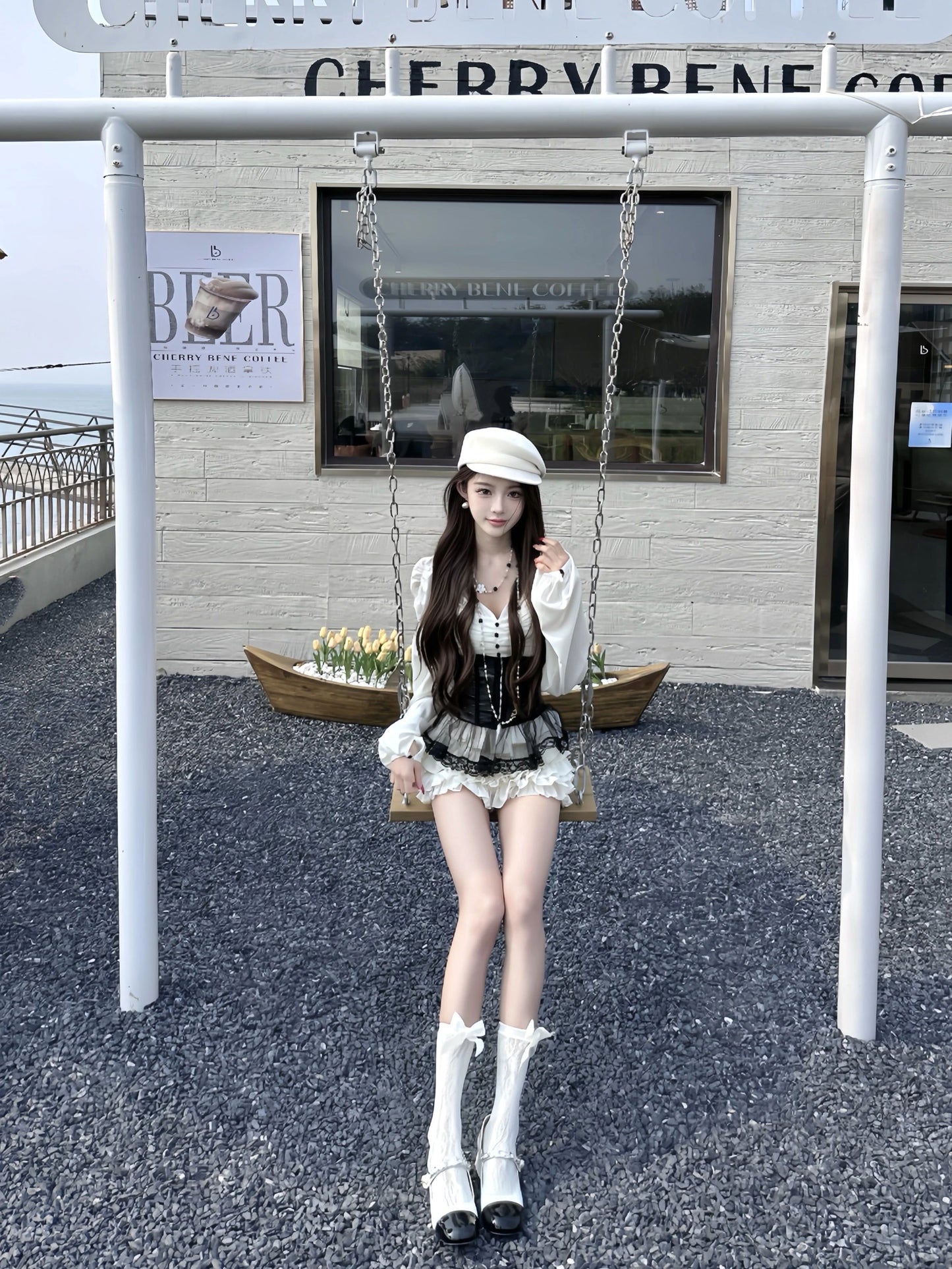 Ethereal A-Line Cinched-Waist Tiered Mini Skirt Cute V Neck  Long Sleeve Lace Tulle Splicing Short Dress AP3764