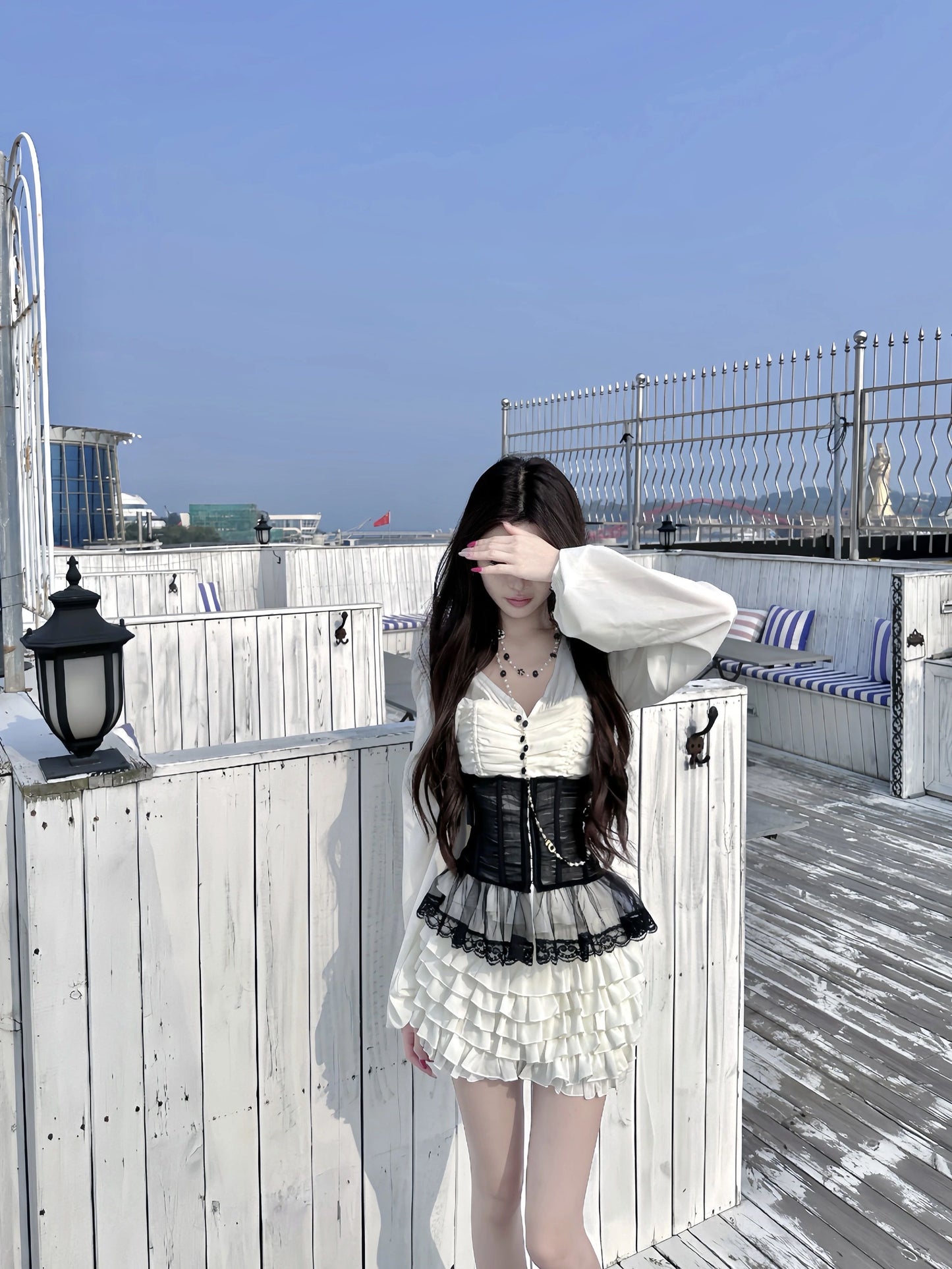 Ethereal A-Line Cinched-Waist Tiered Mini Skirt Cute V Neck  Long Sleeve Lace Tulle Splicing Short Dress AP3764