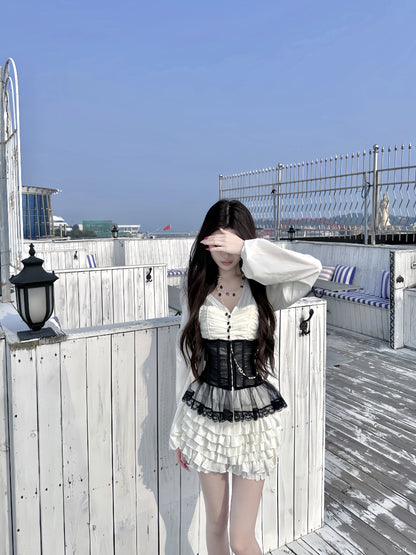 Ethereal A-Line Cinched-Waist Tiered Mini Skirt Cute V Neck  Long Sleeve Lace Tulle Splicing Short Dress AP3764