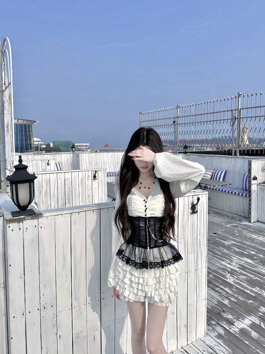 Ethereal A-Line Cinched-Waist Tiered Mini Skirt Cute V Neck  Long Sleeve Lace Tulle Splicing Short Dress AP3764