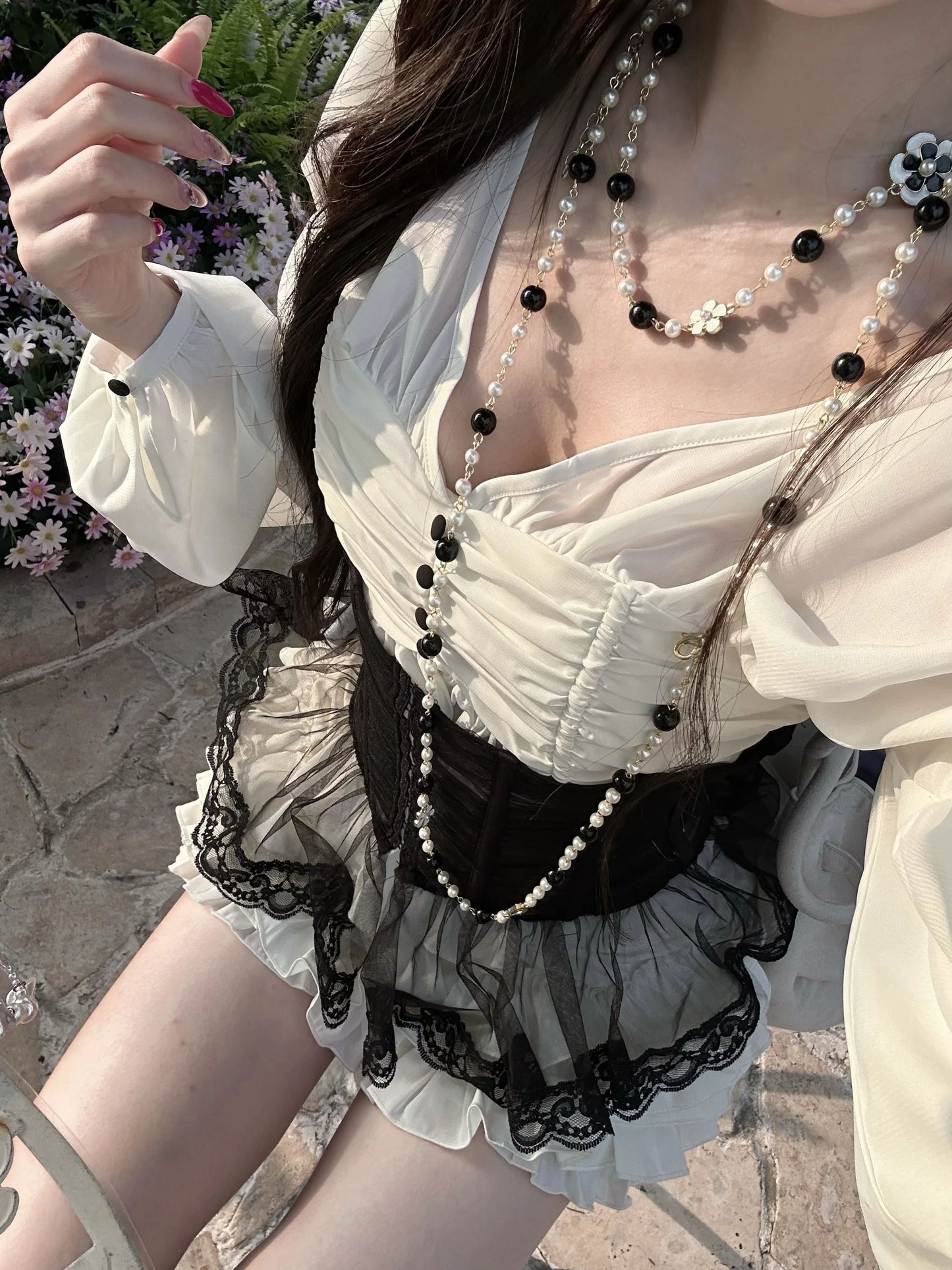 Ethereal A-Line Cinched-Waist Tiered Mini Skirt Cute V Neck  Long Sleeve Lace Tulle Splicing Short Dress AP3764