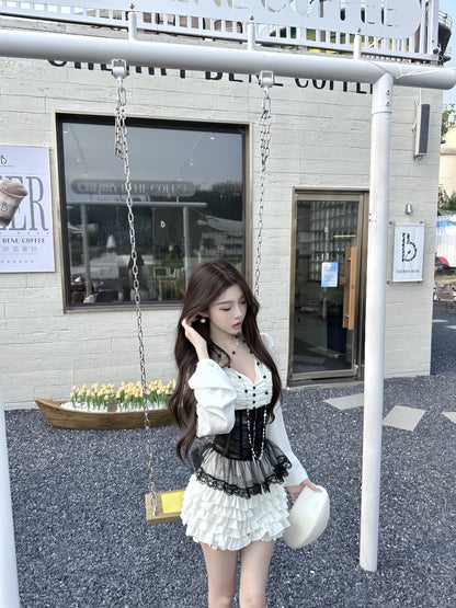 Ethereal A-Line Cinched-Waist Tiered Mini Skirt Cute V Neck  Long Sleeve Lace Tulle Splicing Short Dress AP3764