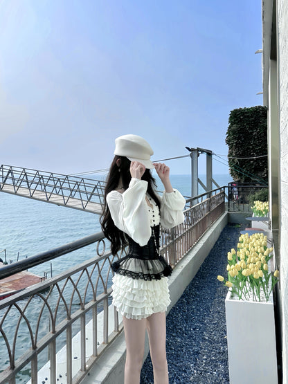 Ethereal A-Line Cinched-Waist Tiered Mini Skirt Cute V Neck  Long Sleeve Lace Tulle Splicing Short Dress AP3764