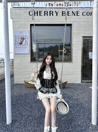 Ethereal A-Line Cinched-Waist Tiered Mini Skirt Cute V Neck  Long Sleeve Lace Tulle Splicing Short Dress AP3764