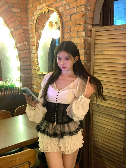 Ethereal A-Line Cinched-Waist Tiered Mini Skirt Cute V Neck  Long Sleeve Lace Tulle Splicing Short Dress AP3764