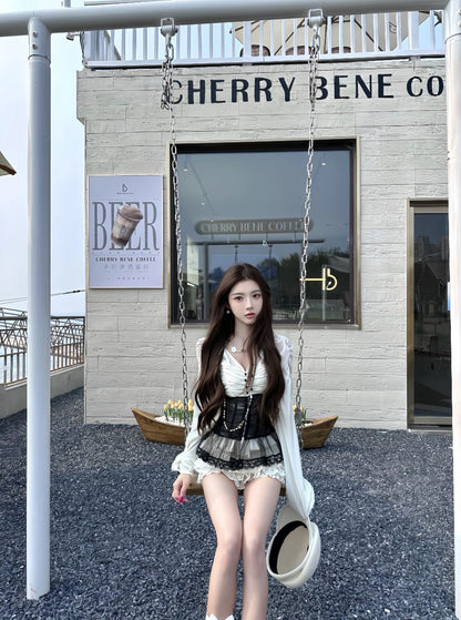 Ethereal A-Line Cinched-Waist Tiered Mini Skirt Cute V Neck  Long Sleeve Lace Tulle Splicing Short Dress AP3764