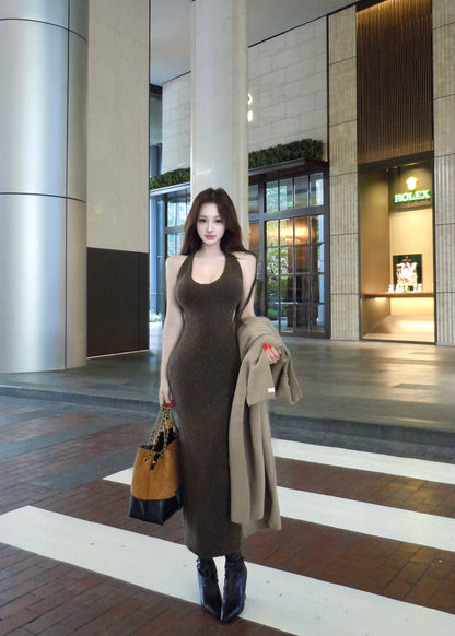 Alluring Sheath Knitted Maxi Dress Casual Hottie Fitted Halter Long Dress AP3765