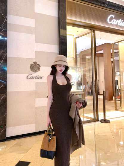 Alluring Sheath Knitted Maxi Dress Casual Hottie Fitted Halter Long Dress AP3765