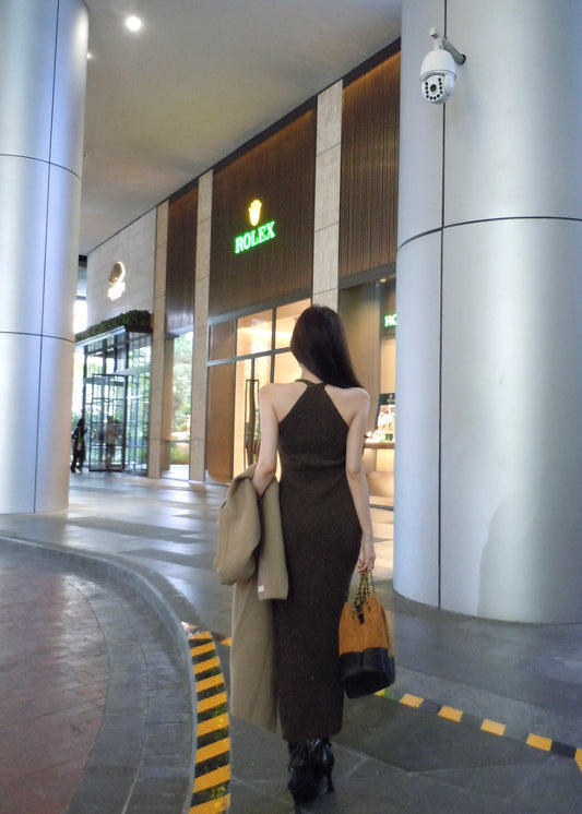 Alluring Sheath Knitted Maxi Dress Casual Hottie Fitted Halter Long Dress AP3765