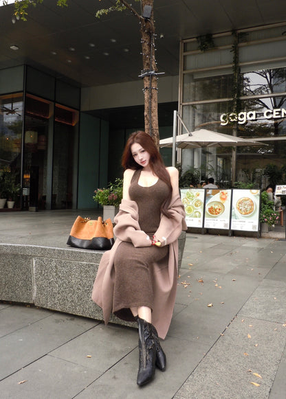 Alluring Sheath Knitted Maxi Dress Casual Hottie Fitted Halter Long Dress AP3765