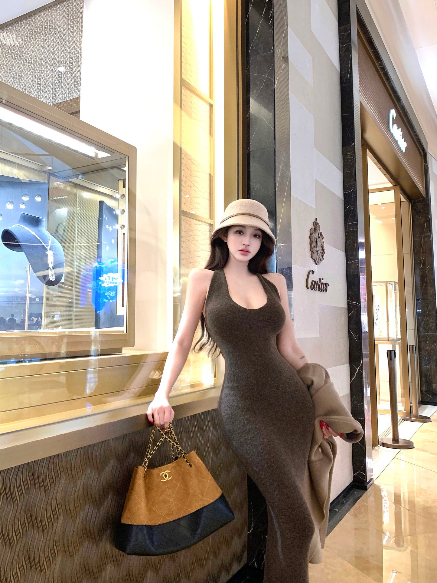 Alluring Sheath Knitted Maxi Dress Casual Hottie Fitted Halter Long Dress AP3765