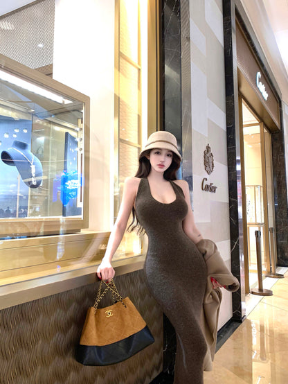 Alluring Sheath Knitted Maxi Dress Casual Hottie Fitted Halter Long Dress AP3765