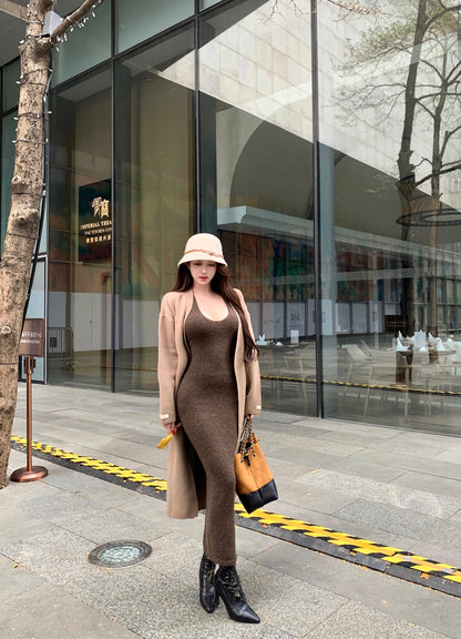 Alluring Sheath Knitted Maxi Dress Casual Hottie Fitted Halter Long Dress AP3765