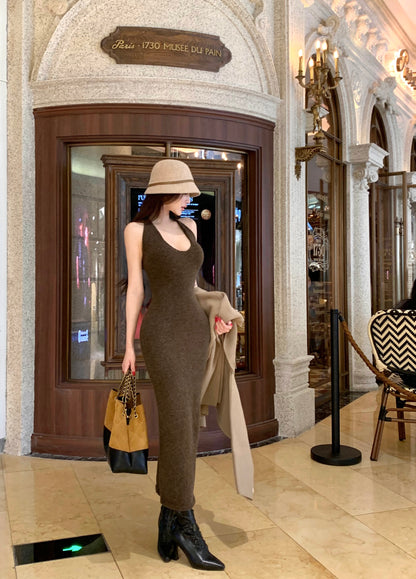 Alluring Sheath Knitted Maxi Dress Casual Hottie Fitted Halter Long Dress AP3765