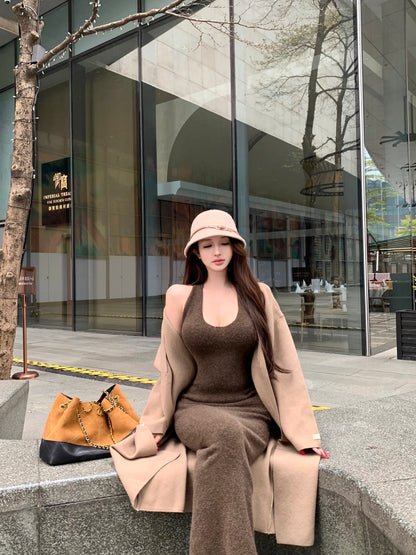 Alluring Sheath Knitted Maxi Dress Casual Hottie Fitted Halter Long Dress AP3765