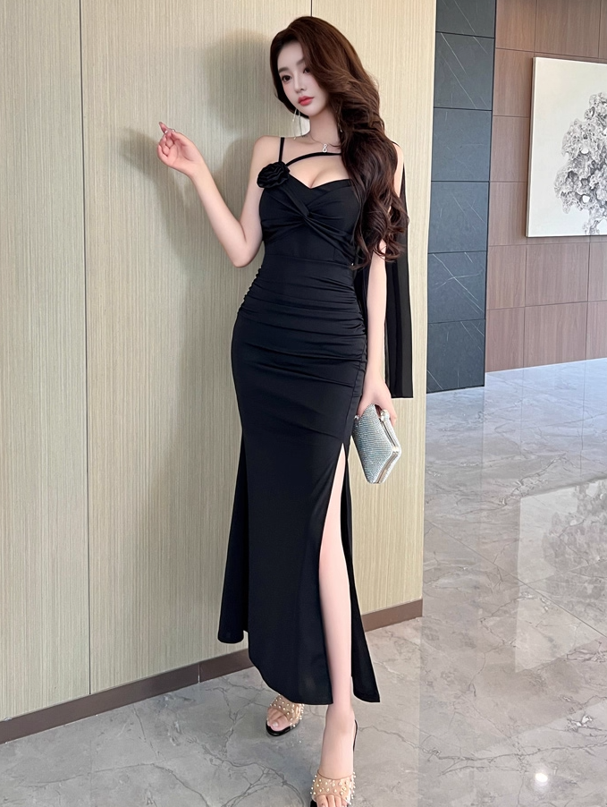 Gorgeous Sheath Black 3D Floral Evening Maxi Dress Vogue Spaghetti Strap Side Slit Ruched Long Dress AP3766