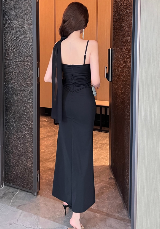 Gorgeous Sheath Black 3D Floral Evening Maxi Dress Vogue Spaghetti Strap Side Slit Ruched Long Dress AP3766