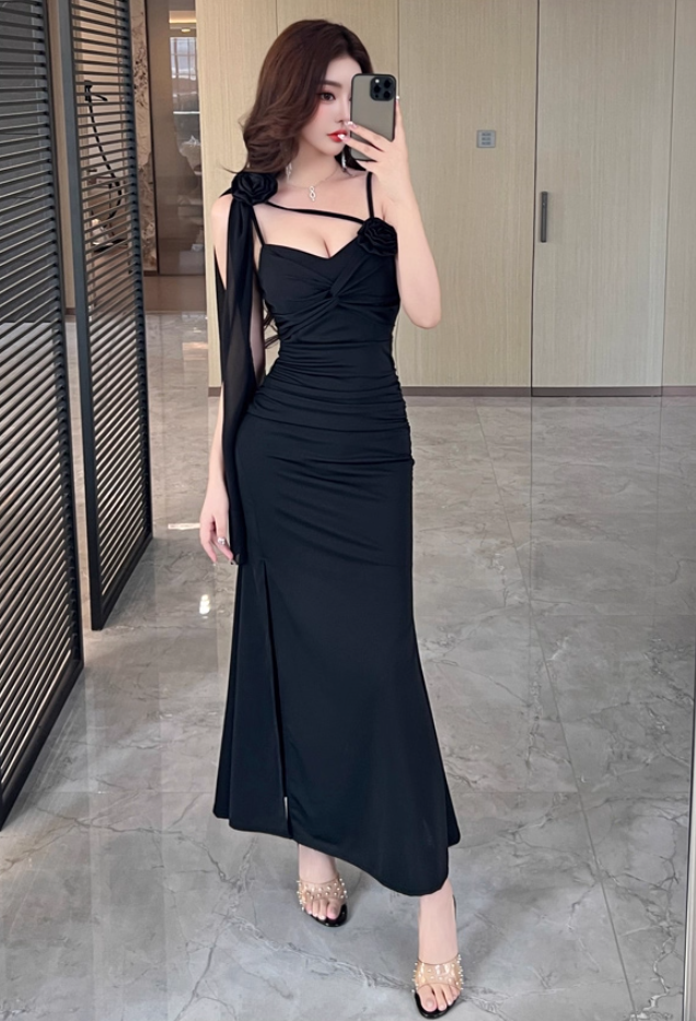 Gorgeous Sheath Black 3D Floral Evening Maxi Dress Vogue Spaghetti Strap Side Slit Ruched Long Dress AP3766