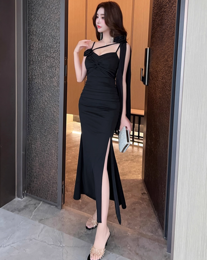 Gorgeous Sheath Black 3D Floral Evening Maxi Dress Vogue Spaghetti Strap Side Slit Ruched Long Dress AP3766