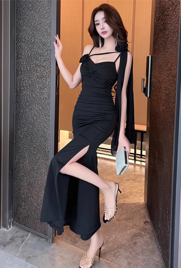 Gorgeous Sheath Black 3D Floral Evening Maxi Dress Vogue Spaghetti Strap Side Slit Ruched Long Dress AP3766
