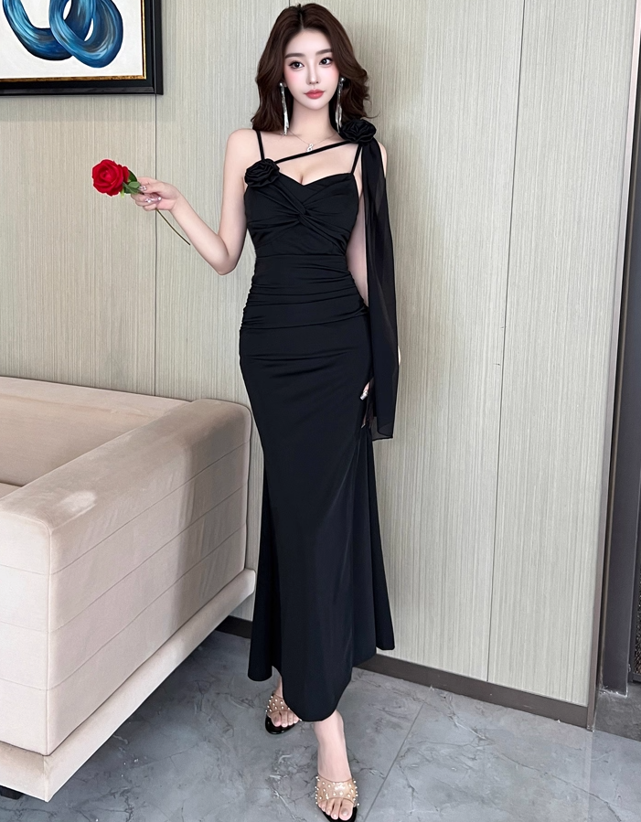 Gorgeous Sheath Black 3D Floral Evening Maxi Dress Vogue Spaghetti Strap Side Slit Ruched Long Dress AP3766