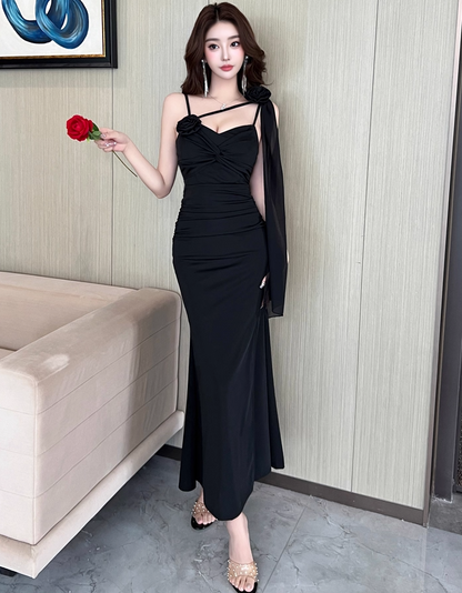 Gorgeous Sheath Black 3D Floral Evening Maxi Dress Vogue Spaghetti Strap Side Slit Ruched Long Dress AP3766