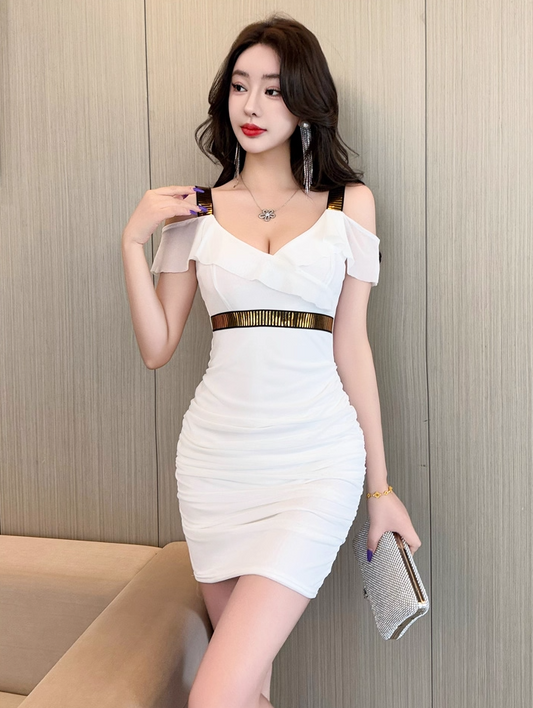 Glam Off-Shoulder Ruffles Trim White Mini Skirt Elegant Sequins Design Bodycon Short Dress AP3767