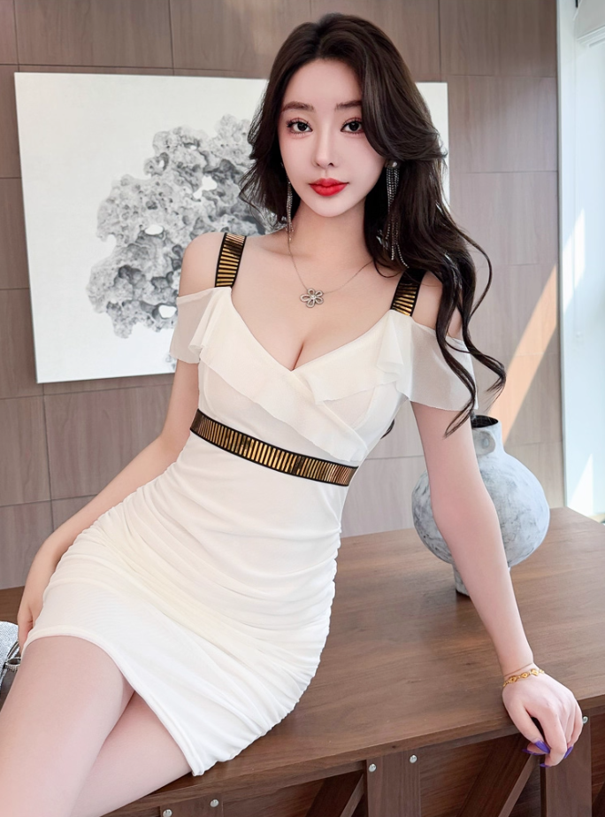 Glam Off-Shoulder Ruffles Trim White Mini Skirt Elegant Sequins Design Bodycon Short Dress AP3767