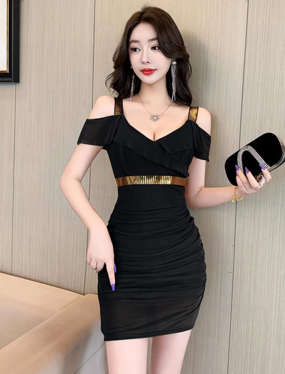 Glamorous Bodycon Ruffles Trim Black Mini Skirt Chic Sequins Design Off-Shoulder Short Dress AP3768
