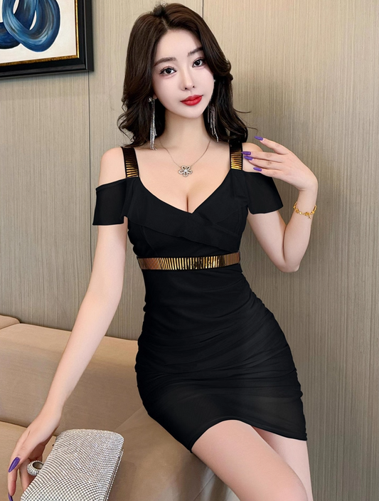 Glamorous Bodycon Ruffles Trim Black Mini Skirt Chic Sequins Design Off-Shoulder Short Dress AP3768