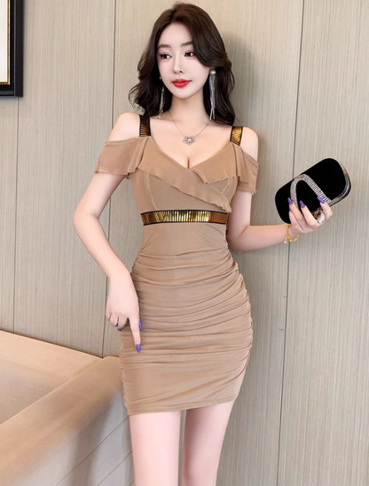 Dramatic Sequins Design Bodycon Mini Skirt Charming Off-Shoulder Ruffles Trim Short Dress AP3769