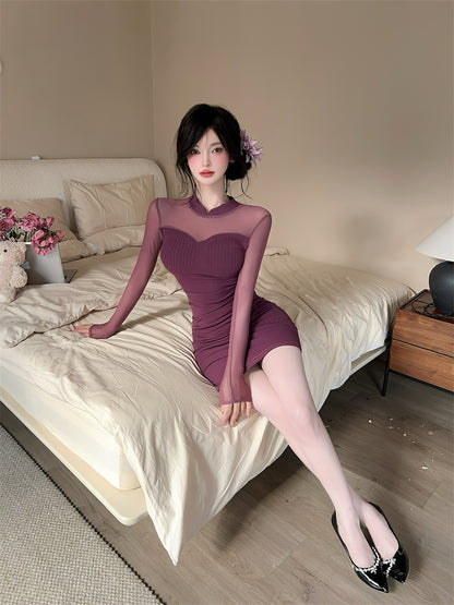 Stunning Sheer Tulle Splicing Bodycon Mini Skirt Alluring Knitted High Collar Long Sleeve Short Dress AP3770