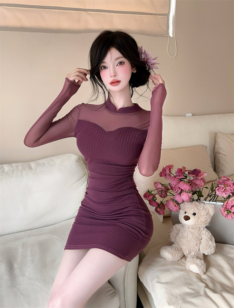 Stunning Sheer Tulle Splicing Bodycon Mini Skirt Alluring Knitted High Collar Long Sleeve Short Dress AP3770
