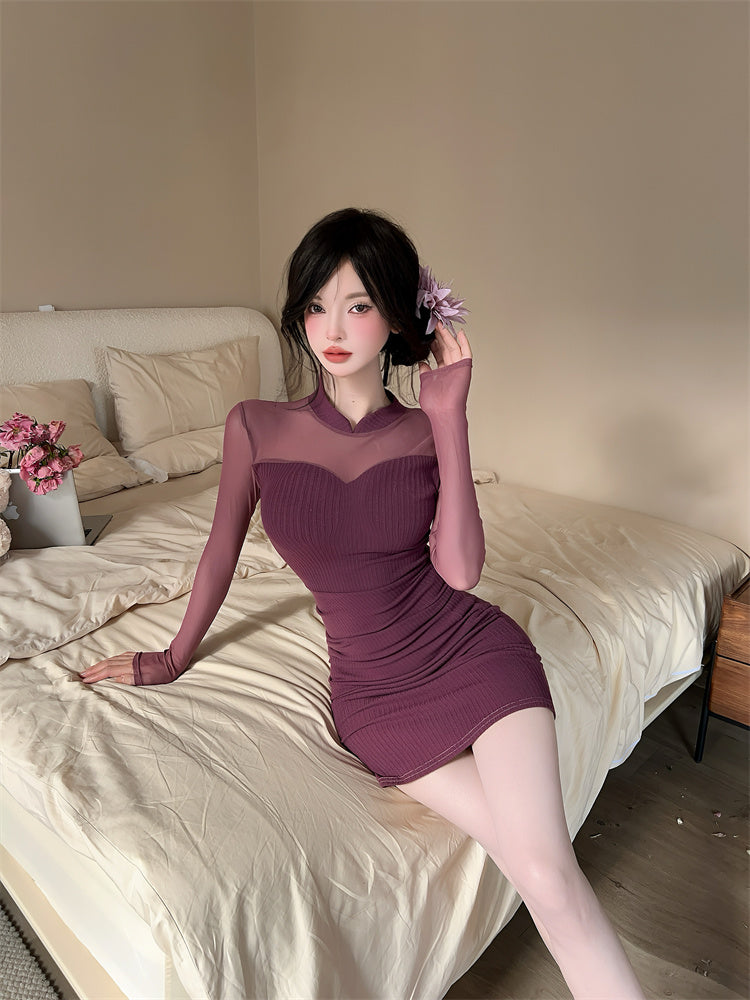 Stunning Sheer Tulle Splicing Bodycon Mini Skirt Alluring Knitted High Collar Long Sleeve Short Dress AP3770
