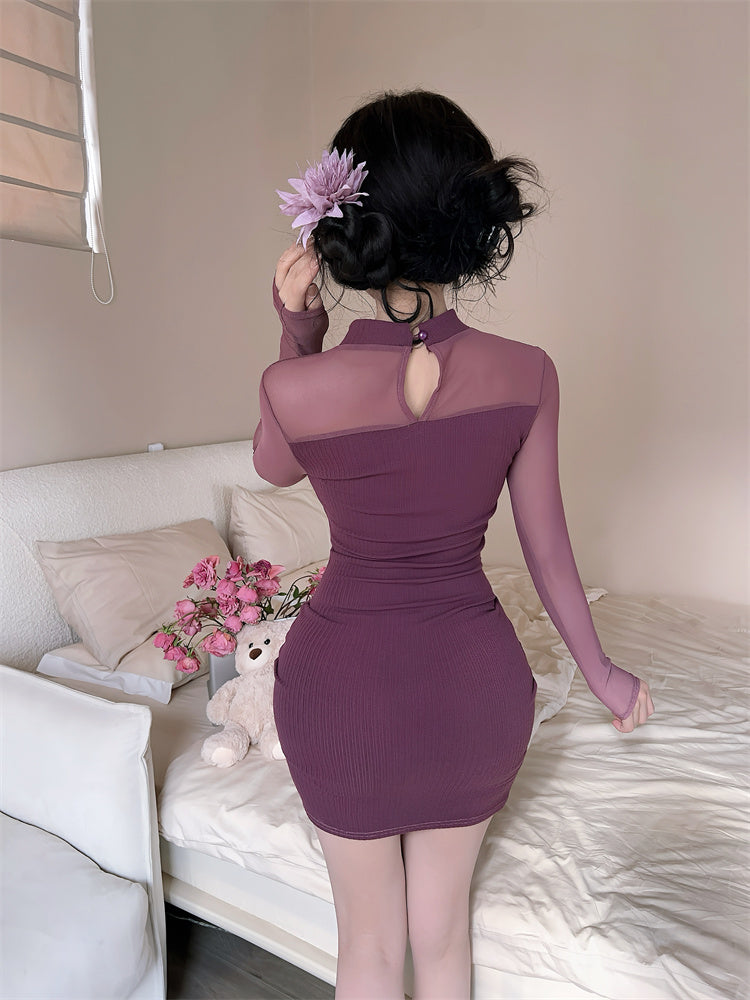 Stunning Sheer Tulle Splicing Bodycon Mini Skirt Alluring Knitted High Collar Long Sleeve Short Dress AP3770