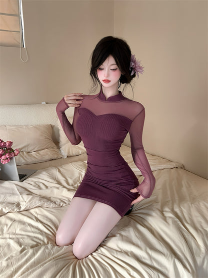 Stunning Sheer Tulle Splicing Bodycon Mini Skirt Alluring Knitted High Collar Long Sleeve Short Dress AP3770