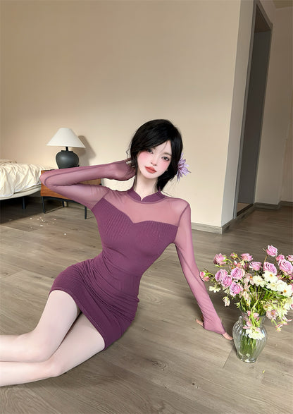 Stunning Sheer Tulle Splicing Bodycon Mini Skirt Alluring Knitted High Collar Long Sleeve Short Dress AP3770