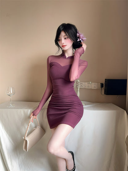 Stunning Sheer Tulle Splicing Bodycon Mini Skirt Alluring Knitted High Collar Long Sleeve Short Dress AP3770