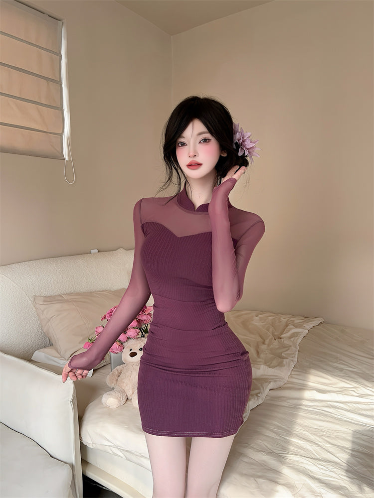 Stunning Sheer Tulle Splicing Bodycon Mini Skirt Alluring Knitted High Collar Long Sleeve Short Dress AP3770