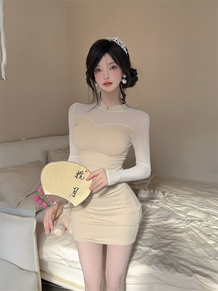Novelty High Collar Sheer Tulle Splicing Mini Skirt Glam Long Sleeve Knitted Bodycon Short Dress AP3771