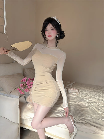 Novelty High Collar Sheer Tulle Splicing Mini Skirt Glam Long Sleeve Knitted Bodycon Short Dress AP3771