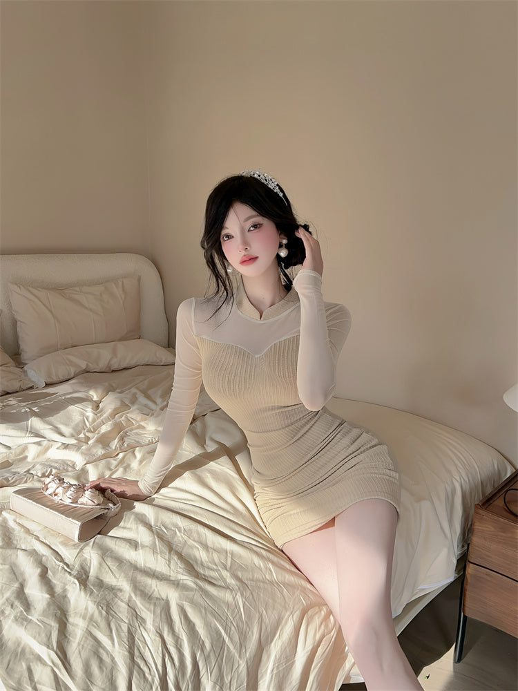 Novelty High Collar Sheer Tulle Splicing Mini Skirt Glam Long Sleeve Knitted Bodycon Short Dress AP3771