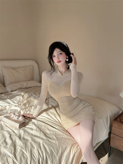 Novelty High Collar Sheer Tulle Splicing Mini Skirt Glam Long Sleeve Knitted Bodycon Short Dress AP3771